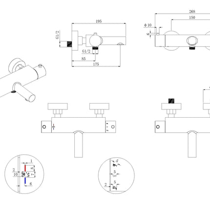 Wiesbaden Style Cool Touch thermostatische badmengkraan chroom - technische tekening | Schwertz & Co