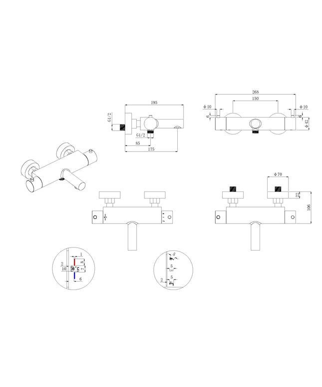 Wiesbaden Style Cool Touch thermostatische badmengkraan chroom - technische tekening | Schwertz & Co