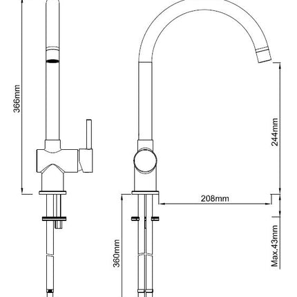 Wiesbaden Caral keukenmengkraan mat zwart - technische tekening | Schwertz & Co