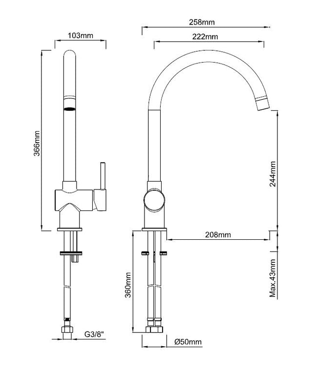 Wiesbaden Caral keukenmengkraan mat zwart - technische tekening | Schwertz & Co