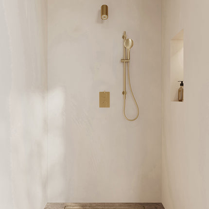 Wiesbaden Caral inbouwthermostaat beam hoofddouche 3 standen handdouche geborsteld messing | Schwertz & Co