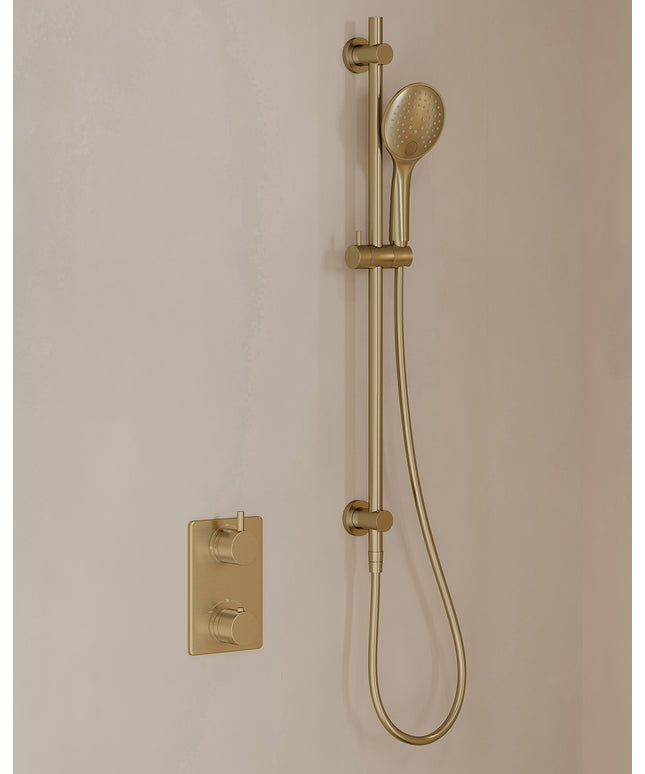 Wiesbaden Caral inbouwthermostaat beam hoofddouche 3 standen handdouche geborsteld messing - afbeelding 2 | Schwertz & Co