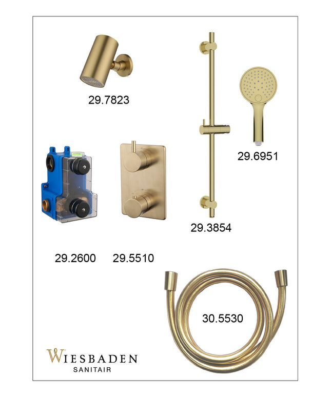 Wiesbaden Caral inbouwthermostaat beam hoofddouche 3 standen handdouche geborsteld messing - afbeelding 3 | Schwertz & Co