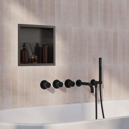 Wiesbaden Caral inbouw badthermostaat 2 stopkranen uitloop 20 cm staafhanddouche mat zwart | Schwertz & Co