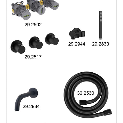 Wiesbaden Caral inbouw badthermostaat 2 stopkranen uitloop 20 cm staafhanddouche mat zwart - afbeelding 2 | Schwertz & Co
