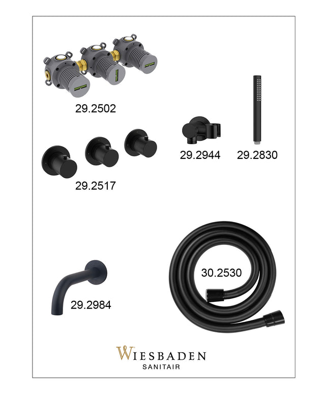 Wiesbaden Caral inbouw badthermostaat 2 stopkranen uitloop 20 cm staafhanddouche mat zwart - afbeelding 2 | Schwertz & Co
