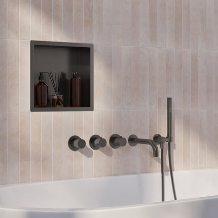 Wiesbaden Caral inbouw badthermostaat 2 stopkranen uitloop 20 cm staafhanddouche gunmetal | Schwertz & Co
