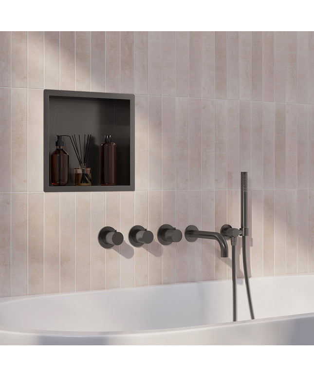 Wiesbaden Caral inbouw badthermostaat 2 stopkranen uitloop 20 cm staafhanddouche gunmetal | Schwertz & Co