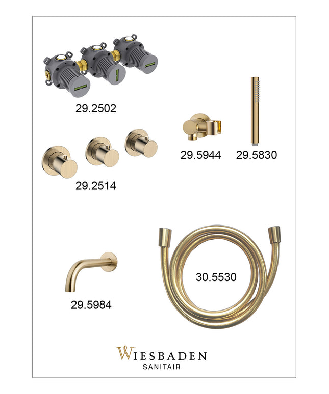 Wiesbaden Caral inbouw badthermostaat 2 stopkranen uitloop 20 cm staafhanddouche geborsteld messing - afbeelding 2 | Schwertz & Co