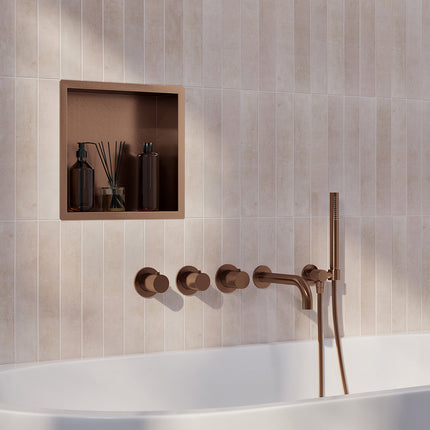 Wiesbaden Caral inbouw badthermostaat 2 stopkranen uitloop 20 cm staafhanddouche geborsteld brons koper | Schwertz & Co