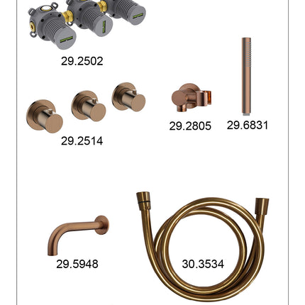Wiesbaden Caral inbouw badthermostaat 2 stopkranen uitloop 20 cm staafhanddouche geborsteld brons koper - afbeelding 2 | Schwertz & Co