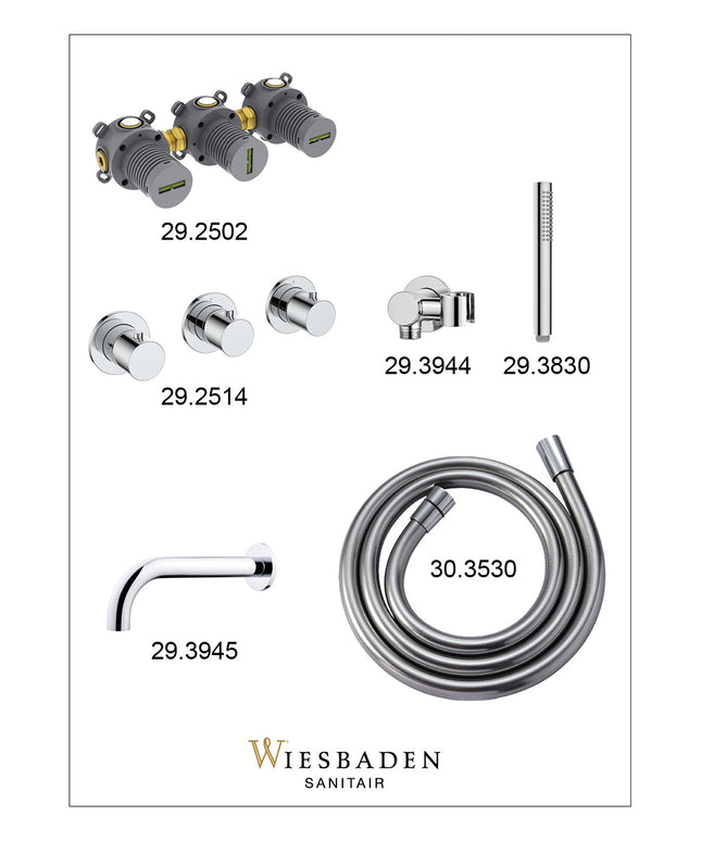 Wiesbaden Caral inbouw badthermostaat 2 stopkranen uitloop 25 cm staafhanddouche chroom - afbeelding 2 | Schwertz & Co