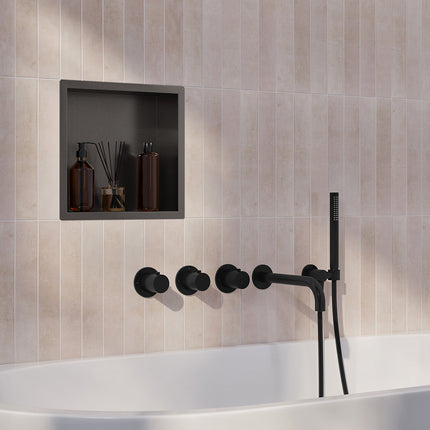 Wiesbaden Caral inbouw badthermostaat 2 stopkranen uitloop 25 cm staafhanddouche mat zwart | Schwertz & Co