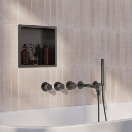 Wiesbaden Caral inbouw badthermostaat 2 stopkranen uitloop 25 cm staafhanddouche gunmetal | Schwertz & Co