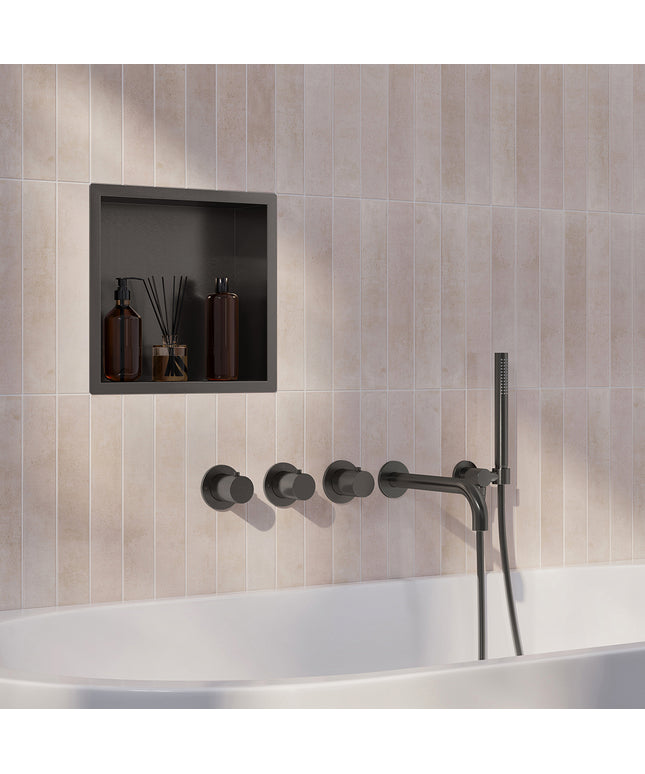 Wiesbaden Caral inbouw badthermostaat 2 stopkranen uitloop 25 cm staafhanddouche gunmetal | Schwertz & Co