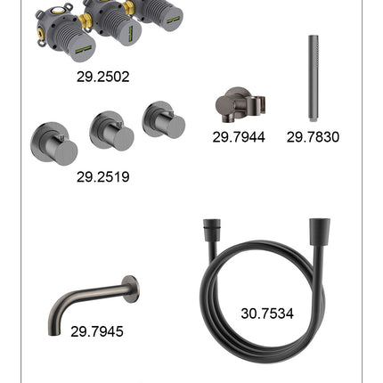 Wiesbaden Caral inbouw badthermostaat 2 stopkranen uitloop 25 cm staafhanddouche gunmetal - afbeelding 2 | Schwertz & Co
