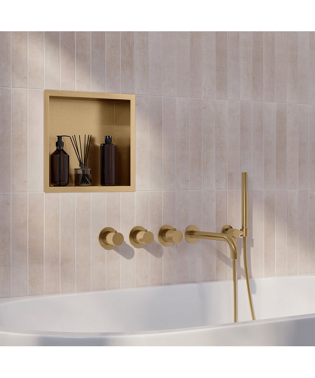 Wiesbaden Caral inbouw badthermostaat 2 stopkranen uitloop 25 cm staafhanddouche geborsteld messing | Schwertz & Co