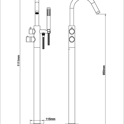 Wiesbaden Caral vrijstaande badmengkraan mat zwart - technische tekening | Schwertz & Co