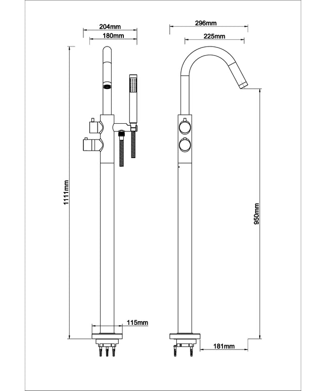 Wiesbaden Caral vrijstaande badmengkraan mat zwart - technische tekening | Schwertz & Co