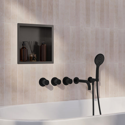 Wiesbaden Caral inbouw badthermostaat 2 stopkranen uitloop 20 cm 3 standen handdouche mat zwart | Schwertz & Co