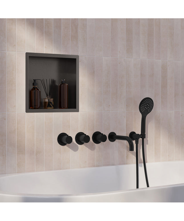 Wiesbaden Caral inbouw badthermostaat 2 stopkranen uitloop 20 cm 3 standen handdouche mat zwart | Schwertz & Co