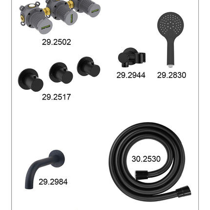 Wiesbaden Caral inbouw badthermostaat 2 stopkranen uitloop 20 cm 3 standen handdouche mat zwart - afbeelding 2 | Schwertz & Co