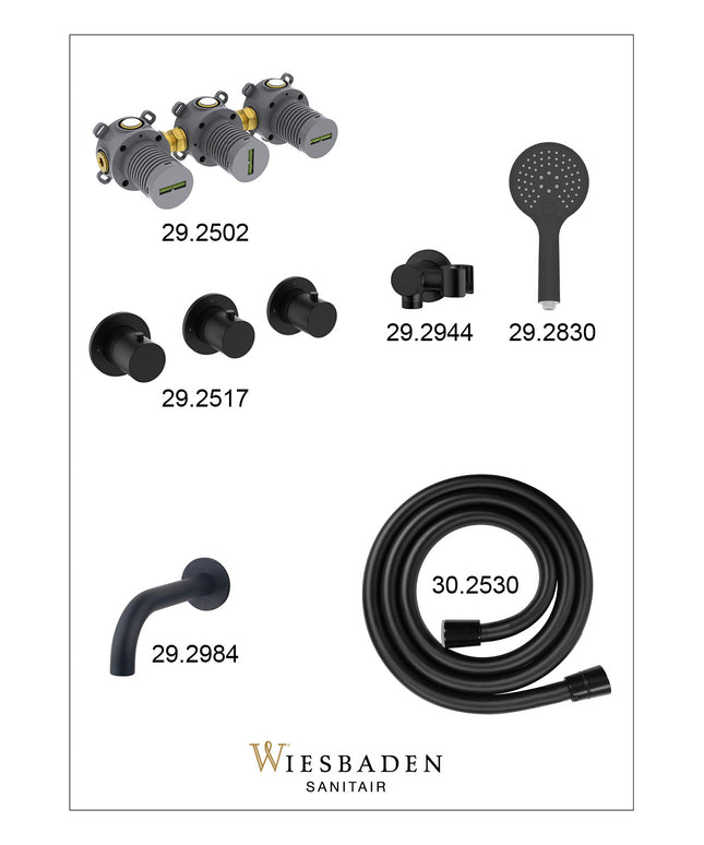 Wiesbaden Caral inbouw badthermostaat 2 stopkranen uitloop 20 cm 3 standen handdouche mat zwart - afbeelding 2 | Schwertz & Co
