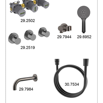Wiesbaden Caral inbouw badthermostaat 2 stopkranen uitloop 20 cm 3 standen handdouche gunmetal - afbeelding 2 | Schwertz & Co