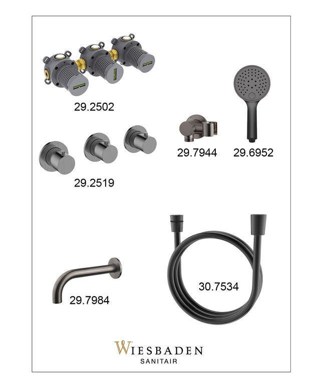 Wiesbaden Caral inbouw badthermostaat 2 stopkranen uitloop 20 cm 3 standen handdouche gunmetal - afbeelding 2 | Schwertz & Co