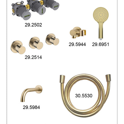 Wiesbaden Caral inbouw badthermostaat 2 stopkranen uitloop 20 cm 3 standen handdouche geborsteld messing - afbeelding 2 | Schwertz & Co