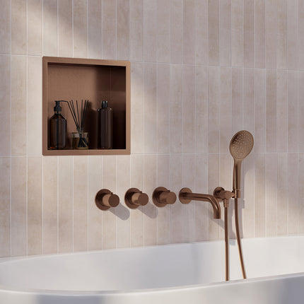 Wiesbaden Caral inbouw badthermostaat 2 stopkranen uitloop 20 cm 3 standen handdouche geborsteld brons koper | Schwertz & Co