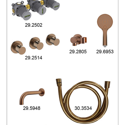 Wiesbaden Caral inbouw badthermostaat 2 stopkranen uitloop 20 cm 3 standen handdouche geborsteld brons koper - afbeelding 2 | Schwertz & Co