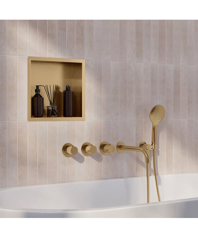Wiesbaden Caral inbouw badthermostaat 2 stopkranen uitloop 25 cm 3 standen handdouche geborsteld messing | Schwertz & Co