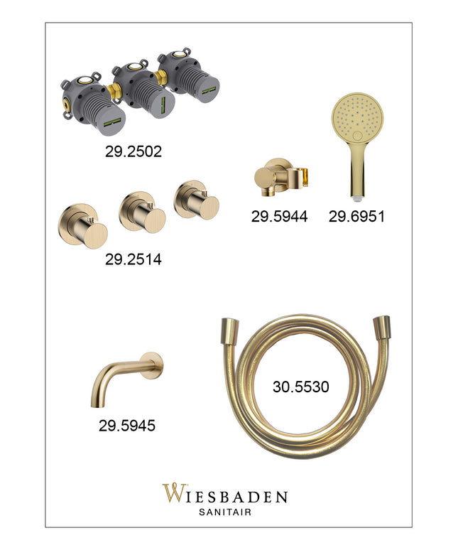 Wiesbaden Caral inbouw badthermostaat 2 stopkranen uitloop 25 cm 3 standen handdouche geborsteld messing - afbeelding 2 | Schwertz & Co