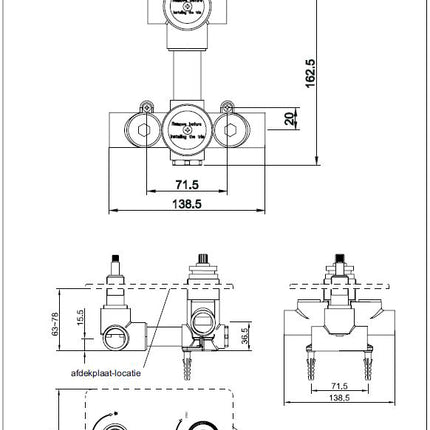 Wiesbaden Caral inbouwdeel inbouwthermostaat 2 weg - technische tekening | Schwertz & Co