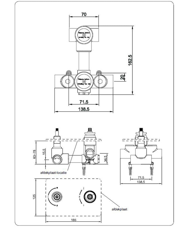 Wiesbaden Caral inbouwdeel inbouwthermostaat 2 weg - technische tekening | Schwertz & Co