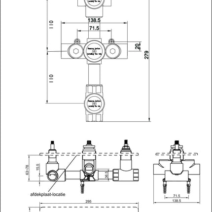 Wiesbaden Caral inbouwdeel inbouwthermostaat 3-weg - technische tekening maatvoering | Schwertz & Co