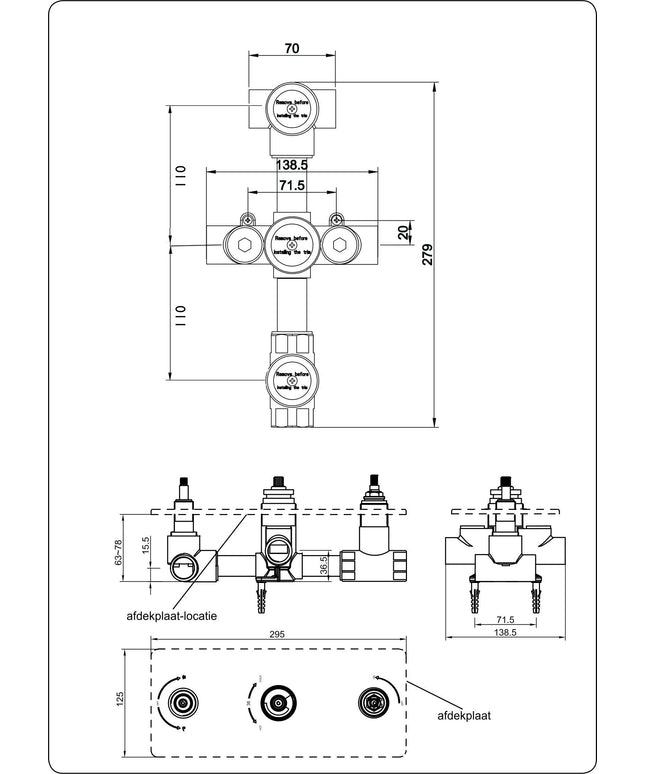 Wiesbaden Caral inbouwdeel inbouwthermostaat 3-weg - technische tekening maatvoering | Schwertz & Co