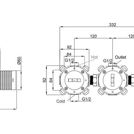 Wiesbaden Caral thermostatische douchekraan inbouwdeel met 2 stopkranen - technische tekening | Schwertz & Co