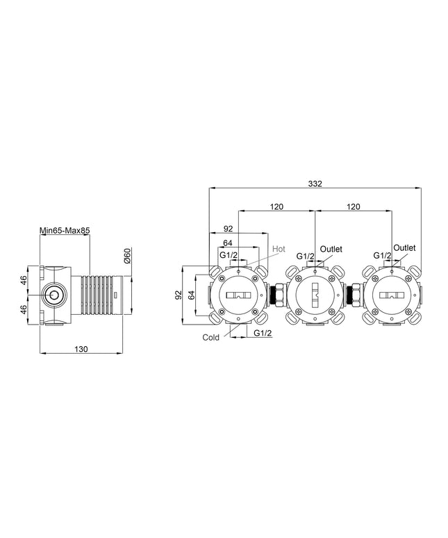 Wiesbaden Caral thermostatische douchekraan inbouwdeel met 2 stopkranen - technische tekening | Schwertz & Co