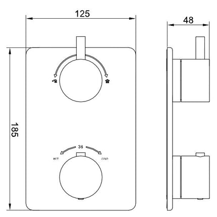 Wiesbaden Caral afbouwdeel inbouwthermostaat 2-weg chroom - technische tekening | Schwertz & Co