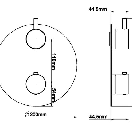 Wiesbaden Caral rond afbouwdeel inbouwthermostaat 2-weg chroom - technische tekening | Schwertz & Co