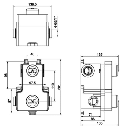 Wiesbaden Caral inbouwbox inbouwthermostaat 2-weg - technische tekening | Schwertz & Co