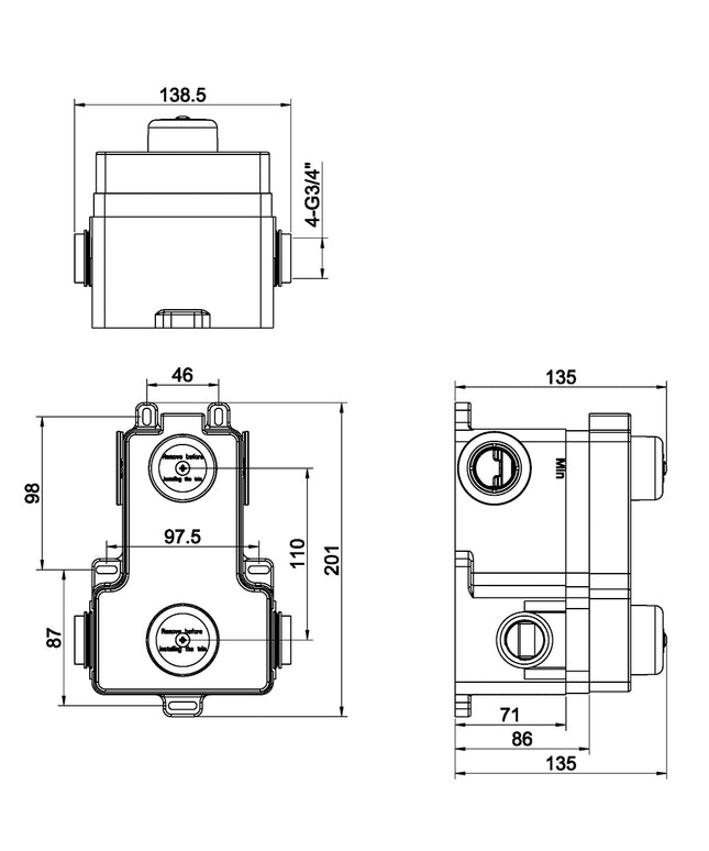 Wiesbaden Caral inbouwbox inbouwthermostaat 2-weg - technische tekening | Schwertz & Co