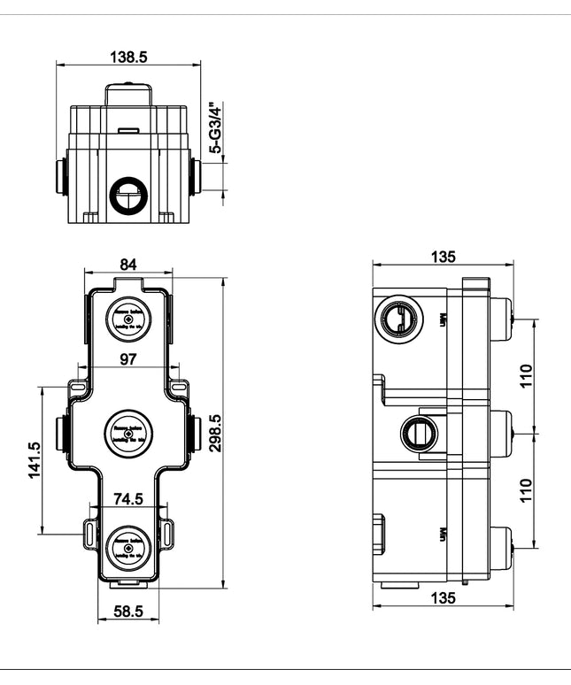 Wiesbaden Caral inbouwbox inbouwthermostaat 3 weg - technische tekening | Schwertz & Co