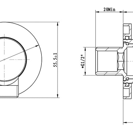 Wiesbaden UniMatch wandaansluitbocht rond 1/2 inch mat zwart - technische tekening maatvoering | Schwertz & Co