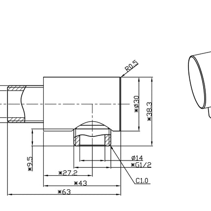 Wiesbaden UniMatch wandaansluitbocht rond 1/2 inch mat zwart - technische tekening | Schwertz & Co