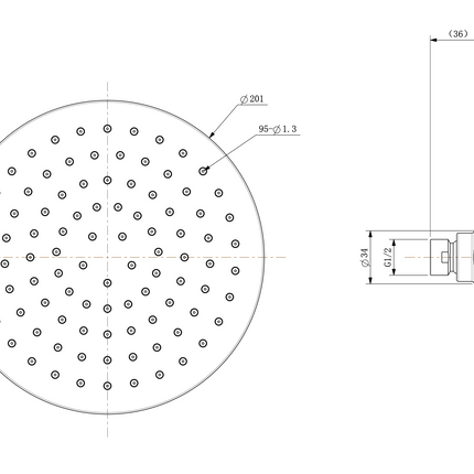 Wiesbaden UniMatch hoofddouche rond 20 cm mat zwart - technische tekening | Schwertz & Co