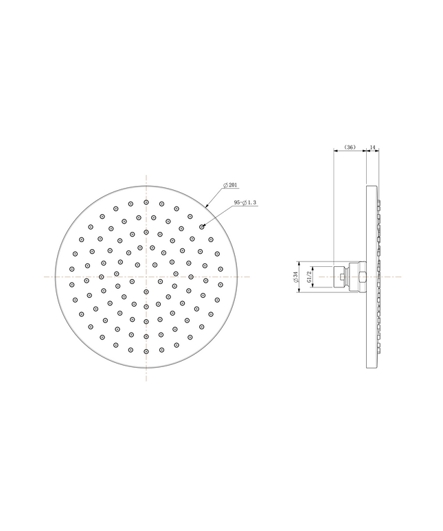 Wiesbaden UniMatch hoofddouche rond 20 cm mat zwart - technische tekening | Schwertz & Co