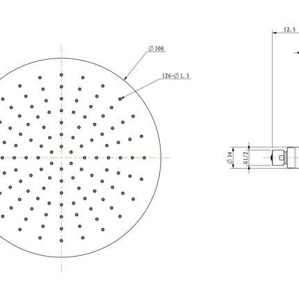 Wiesbaden UniMatch hoofddouche rond 30 x 0,8 cm mat zwart - technische tekening | Schwertz & Co